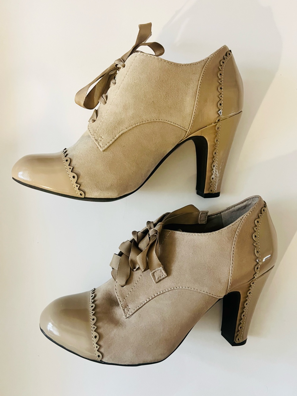 Gianni Bini Taupe Suede & Patent Lace-Up Heeled Booties